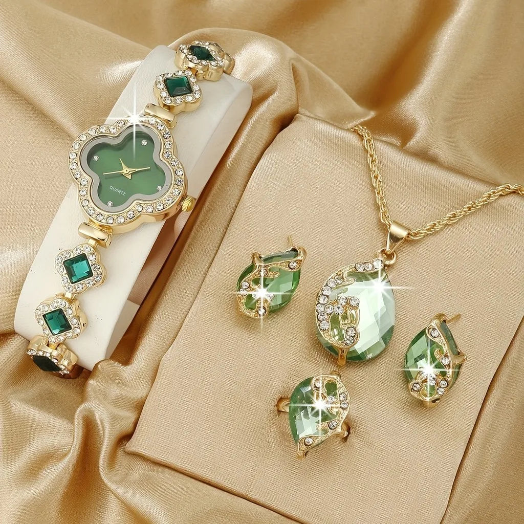 Kegllect Women's Watch Clover Pointer Quartz Baroque Rhinestone Analog Wrist & 4pcs Jewelry Set Gift for Mom Her