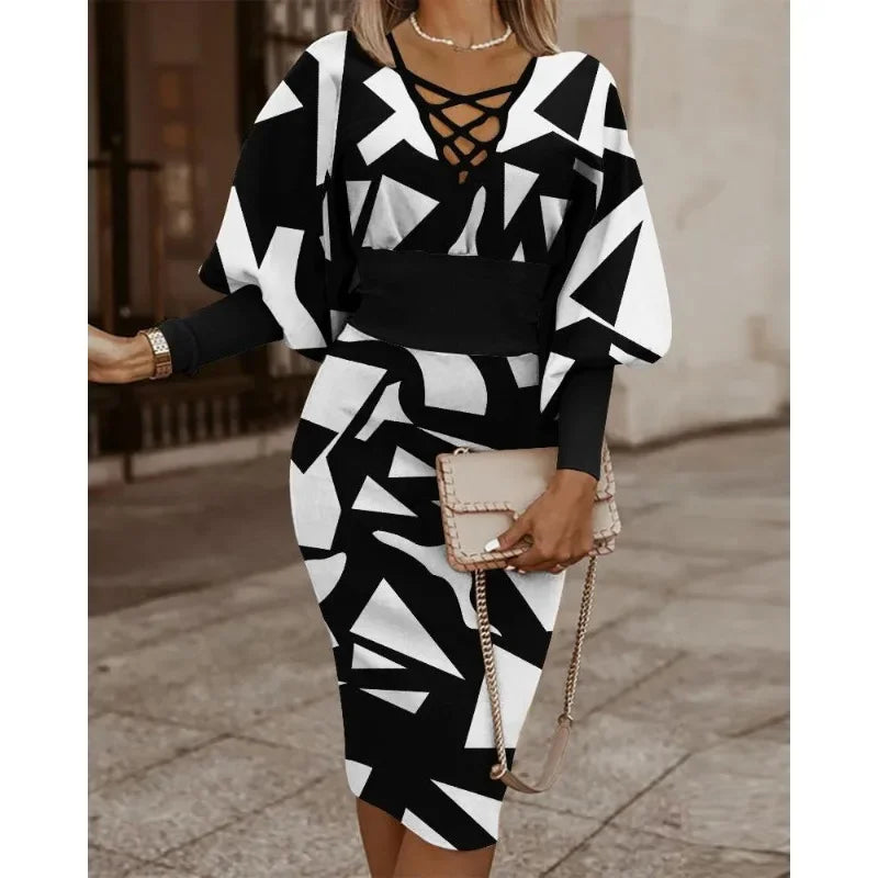 Women's Spring/autumn Fashionable Printed Dress V-Neck Band Waist Pack Hip Dress Leisure Elegant Long Sleeve Dress