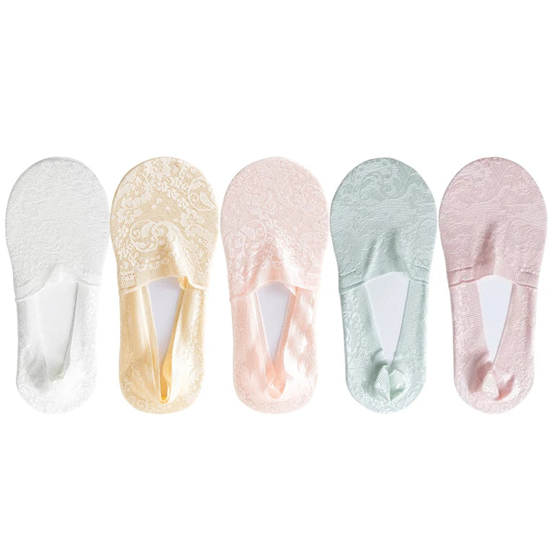 5 Pairs/Lot Socks Women's Fashion Lace Flower Summer Invisible Short No-Show Foot Ankle Set Antiskid White Boat Sock