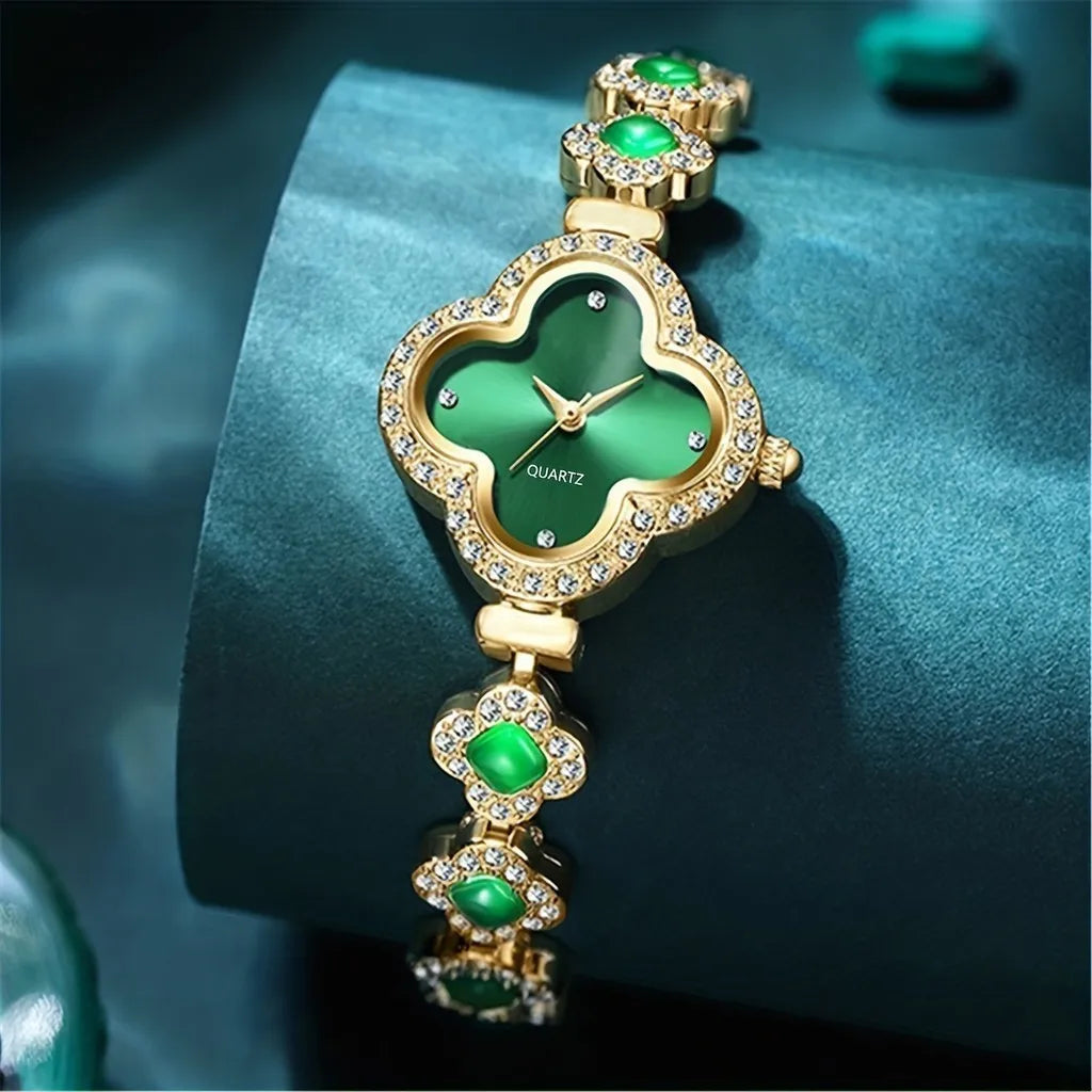 Kegllect Women's Watch Clover Pointer Quartz Baroque Rhinestone Analog Wrist & 4pcs Jewelry Set Gift for Mom Her