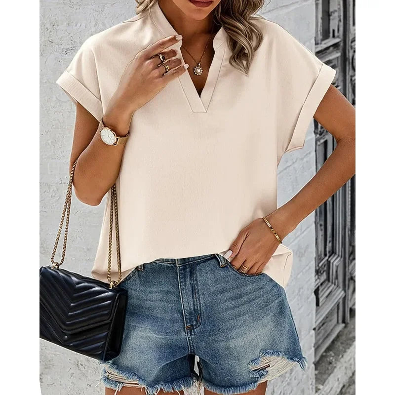 Women's Summer Commuting Short Sleeved T-shirt Simple Solid Color Fashionable V-neck T-shirt Casual Holiday Women's T-shirt