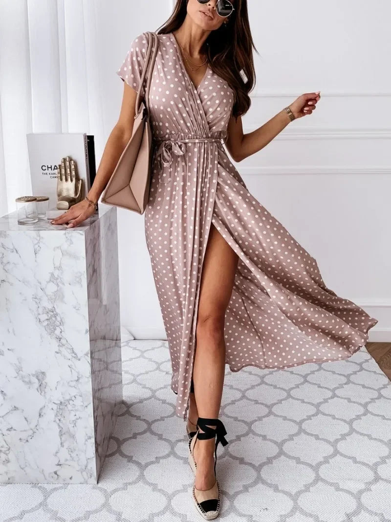 Women's Summer Short Sleeved V-neck and Ankle Skirt Bohemian Polka Dot Printed Dress Long Skirt