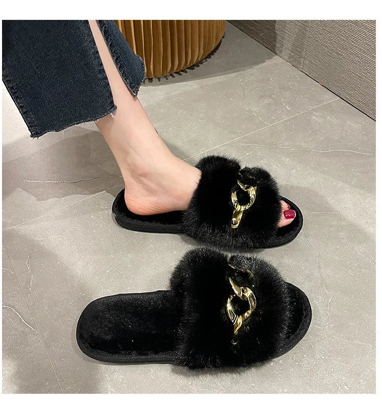 Autumn /winter Metal Chain Woolen Cotton Slippers Fashion Warm Women's Large Fur Flat Heel Straight Slippers Home Cotton Slipper