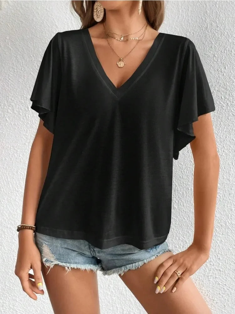 Fashionable Summer Women's Versatile Solid Color T-shirt Short Sleeve Elegant Butterfly Sleeve Top Casual V-neck Loose T-shirt