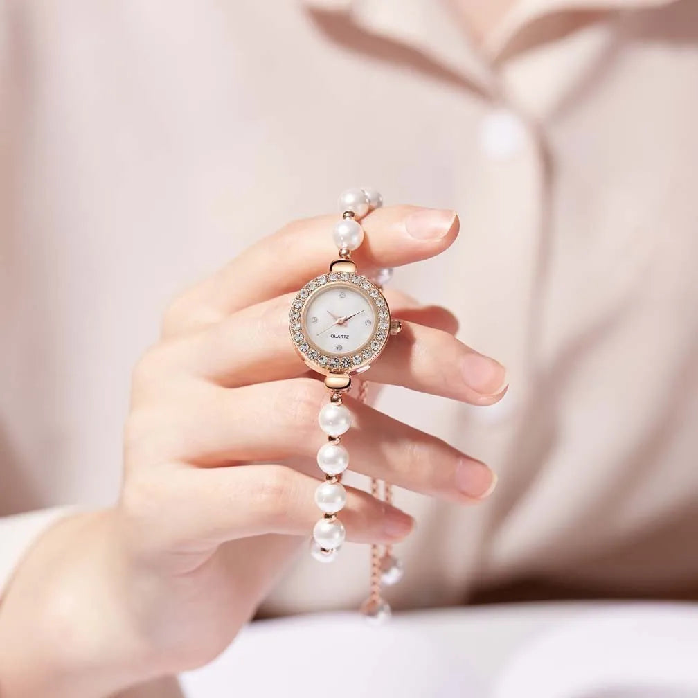 Kegllect Ladies Round Quartz Watch Women Luxury Pearl Bracelet Adjustable Strap Diamond Watches Jam Tangan Perempuan