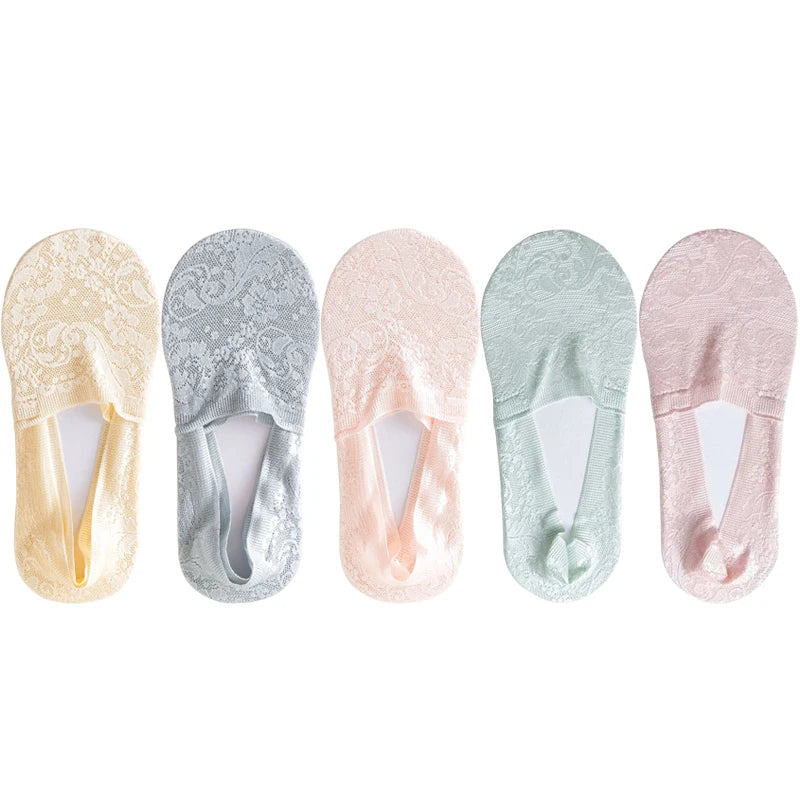 5 Pairs/Lot Socks Women's Fashion Lace Flower Summer Invisible Short No-Show Foot Ankle Set Antiskid White Boat Sock