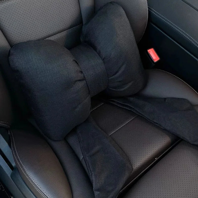 Fashion car headrest with bows cotton and linen pillow suitable for plaid's road trips and cute interior decorations