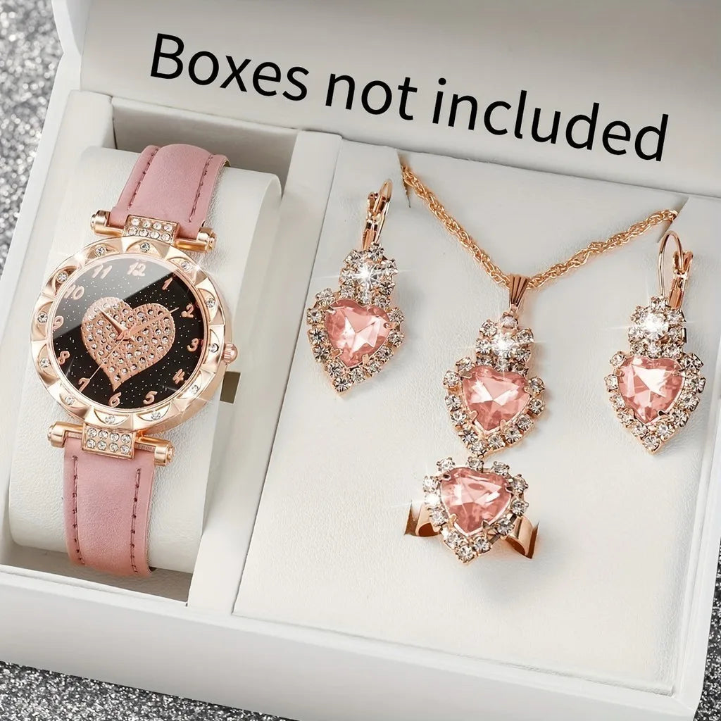 Kegllect 5PCS Women Quartz Watch Set for Gift Heart Shaped Rhinestone Accessories Mother Her