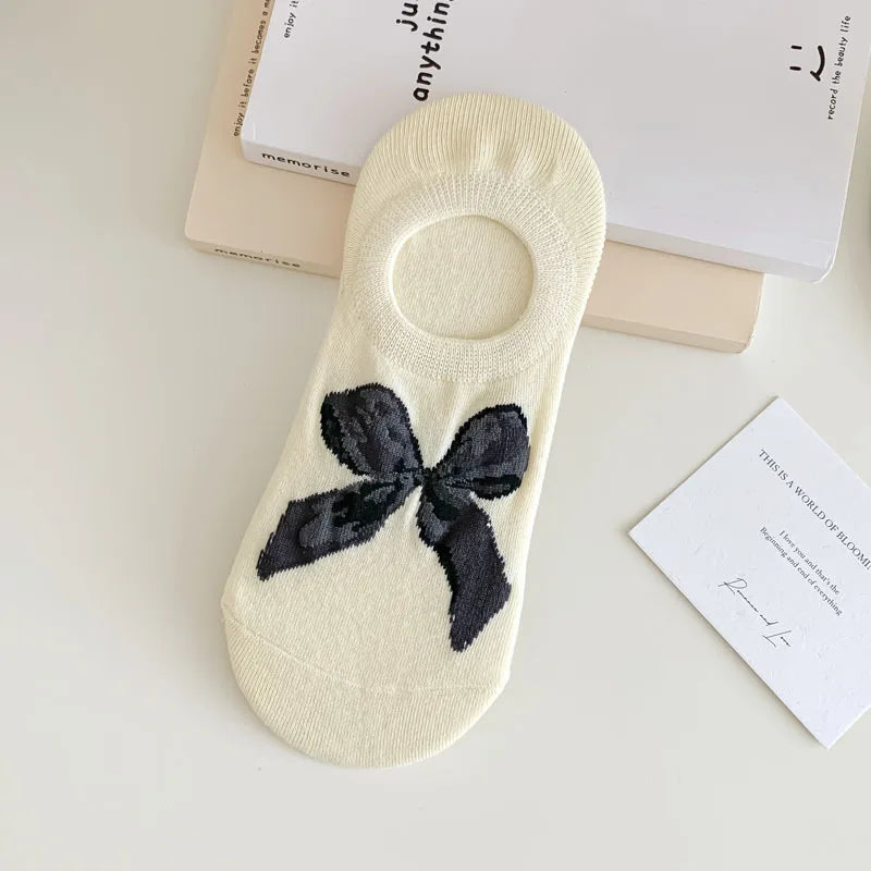 5 Pairs Summer Autumn Boat Socks For Women Non-slip Silicone Invisible Shallow Mouth Bow Socks Ankle Sock Slippers