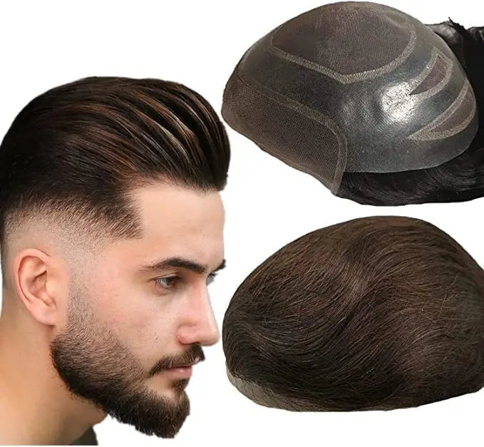 NLW Toupee for Men 100% Human Hair Pieces Hair prosthesis Mens Swiss Lace Front with PU Around Hair Replacement System