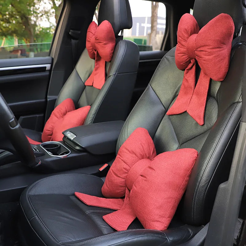 Fashion car headrest with bows cotton and linen pillow suitable for plaid's road trips and cute interior decorations