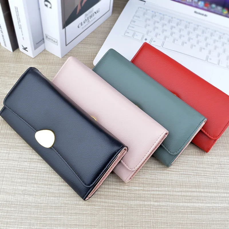 PU Leather Women Wallets Luxury Long Hasp Fold-over Pattern Coin Purses Female Brand Solid Colors New Thin Clutch Phone Bag