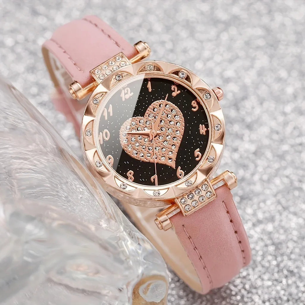 Kegllect 5PCS Women Quartz Watch Set for Gift Heart Shaped Rhinestone Accessories Mother Her