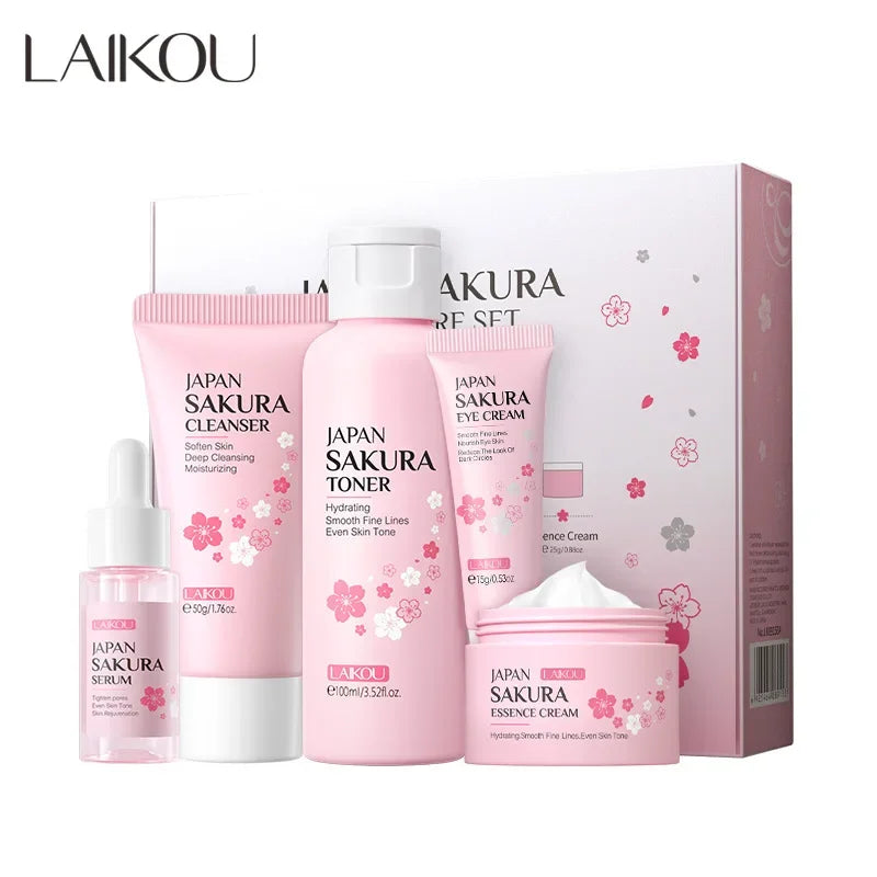 LAIKOU Sakura Kit Skin Care Sets Moisturizing and Reducing Fine Lines Cleansing Pore Product Korean Skincare Set 5-Piece