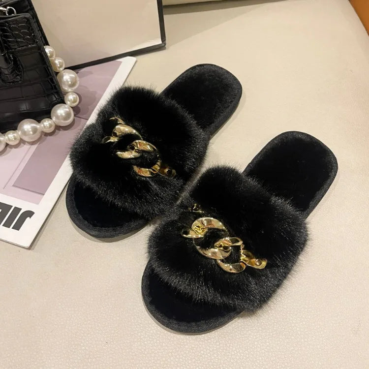 Autumn /winter Metal Chain Woolen Cotton Slippers Fashion Warm Women's Large Fur Flat Heel Straight Slippers Home Cotton Slipper