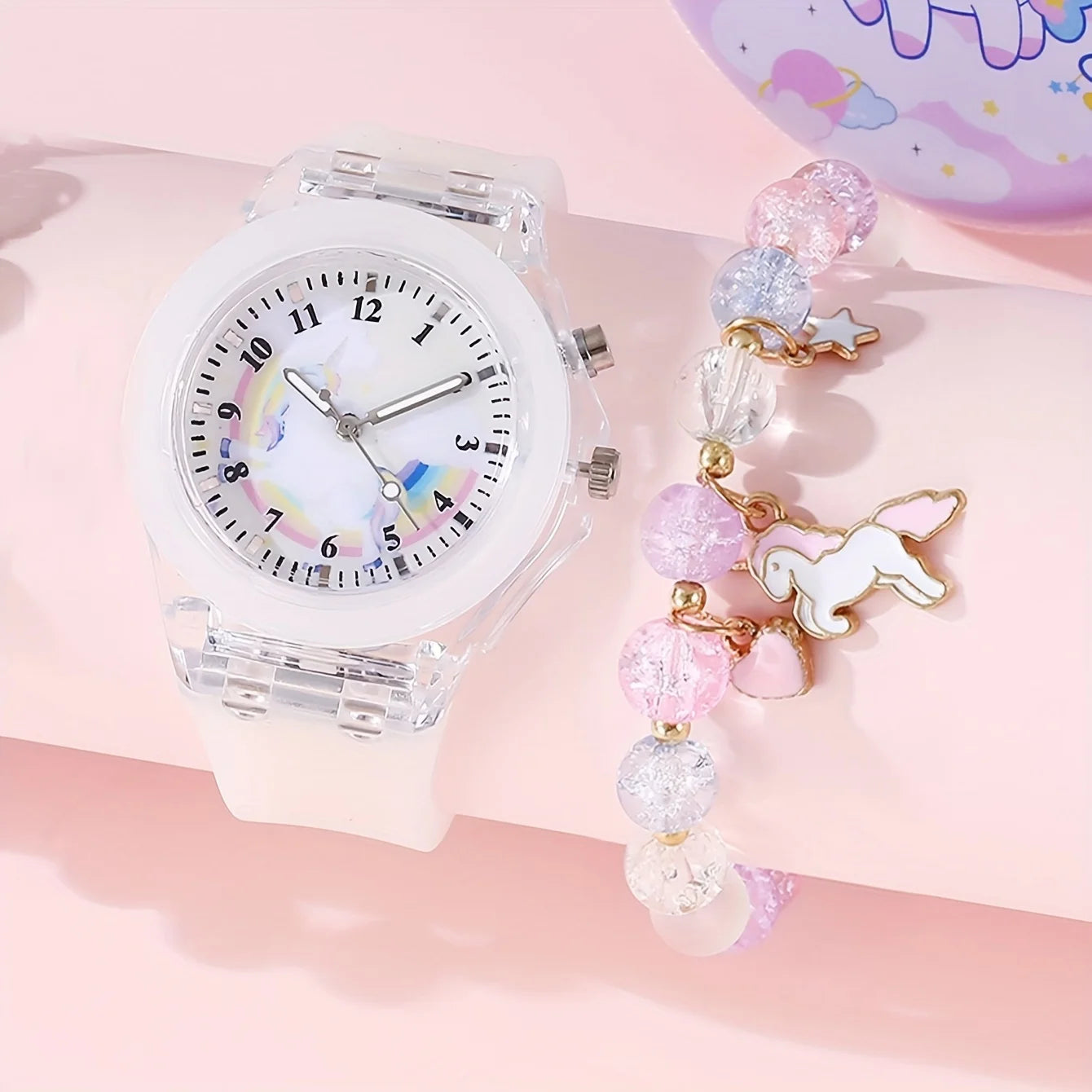 1/2pcs/set, 1pc Girls Light LED Luminous Cartoon Unicorn Quartz Wristwatch & 1pc Beaded Bracelet, Ideal choice for Gifts