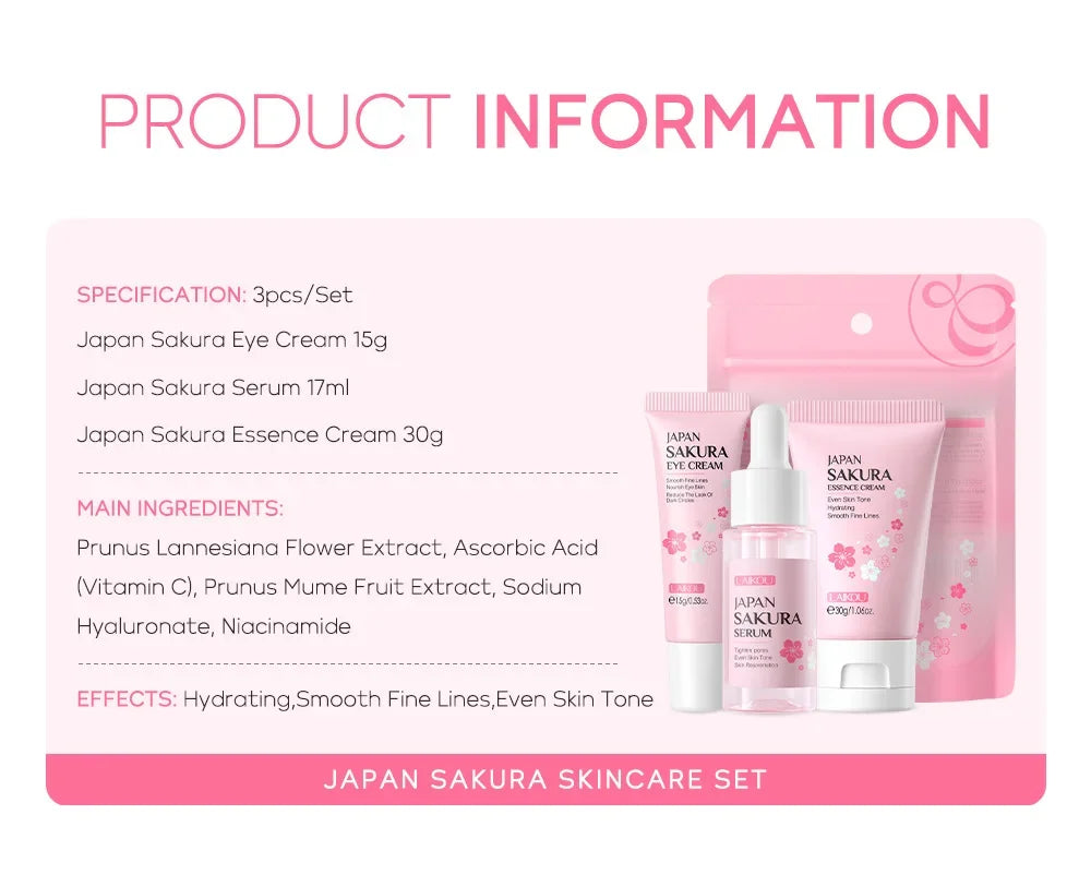 LAIKOU Cherry Blossom Skin Care Set 3-piece Essence Eye Cream Face Cream Skin Care Product Facial Products Kit Skincare Sets