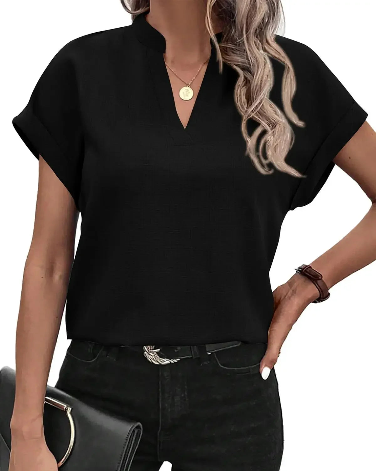 Women's Summer Commuting Short Sleeved T-shirt Simple Solid Color Fashionable V-neck T-shirt Casual Holiday Women's T-shirt