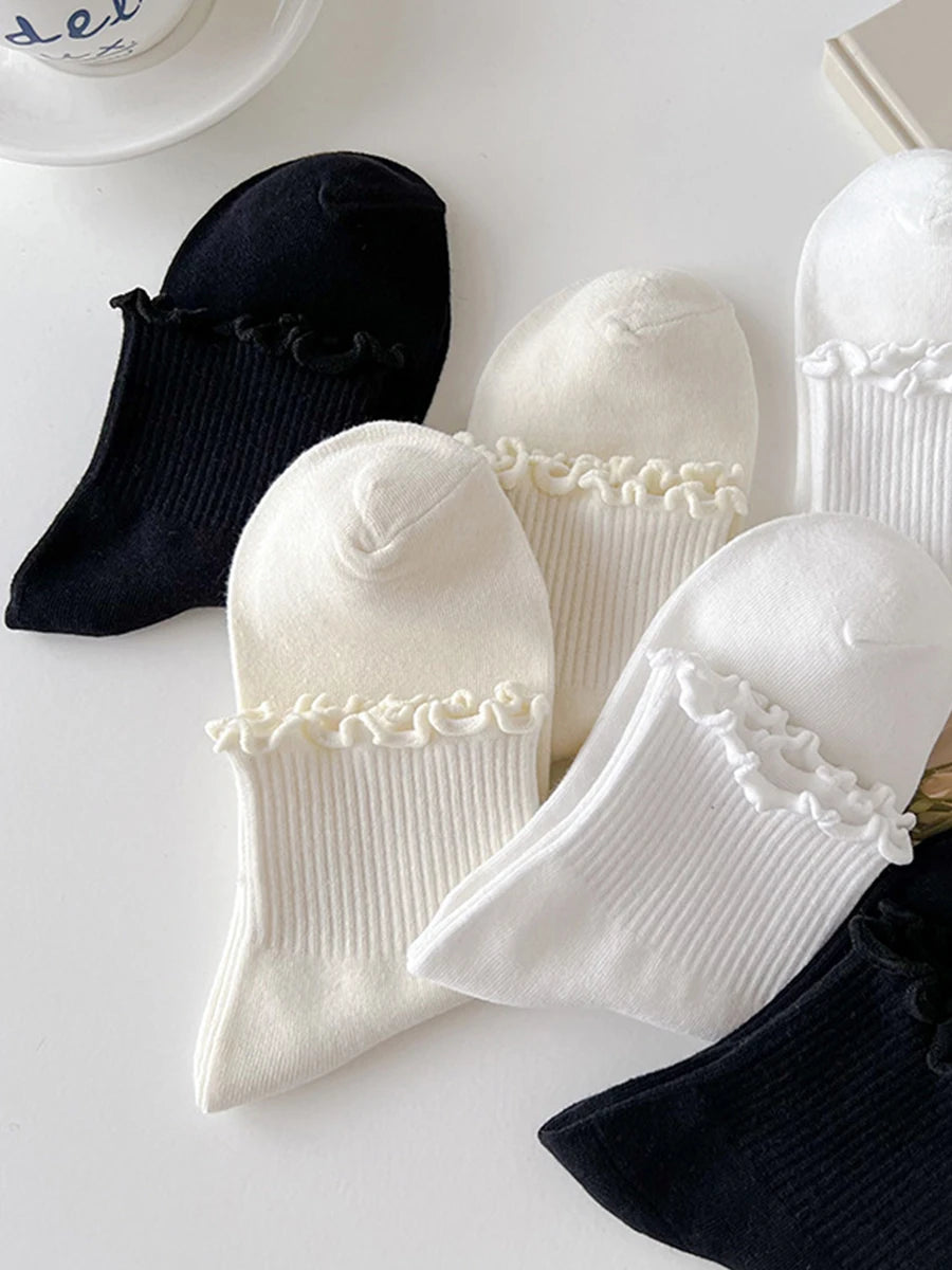 5 Pairs Socks for Women Ruffle Tube Ankle Short Breathable Cuffed Black White Set Spring Autum Soft Solid Color