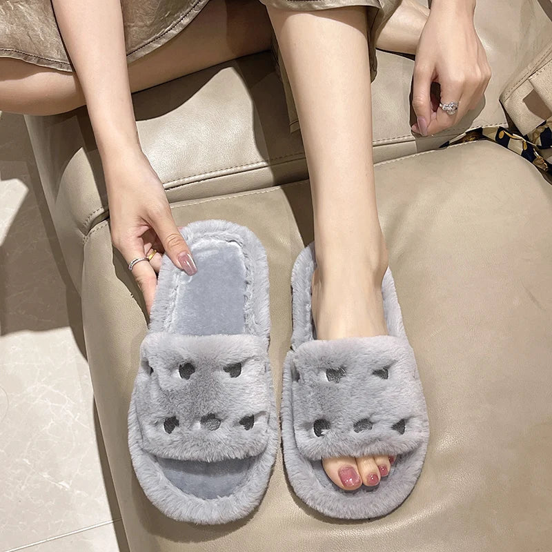 Fur Women Slippers Winter New Fashion Plush Shallow Mouth Indoor Outdoor Flip-flop Casual Bedroom Solid Color Slides Flat Shoes