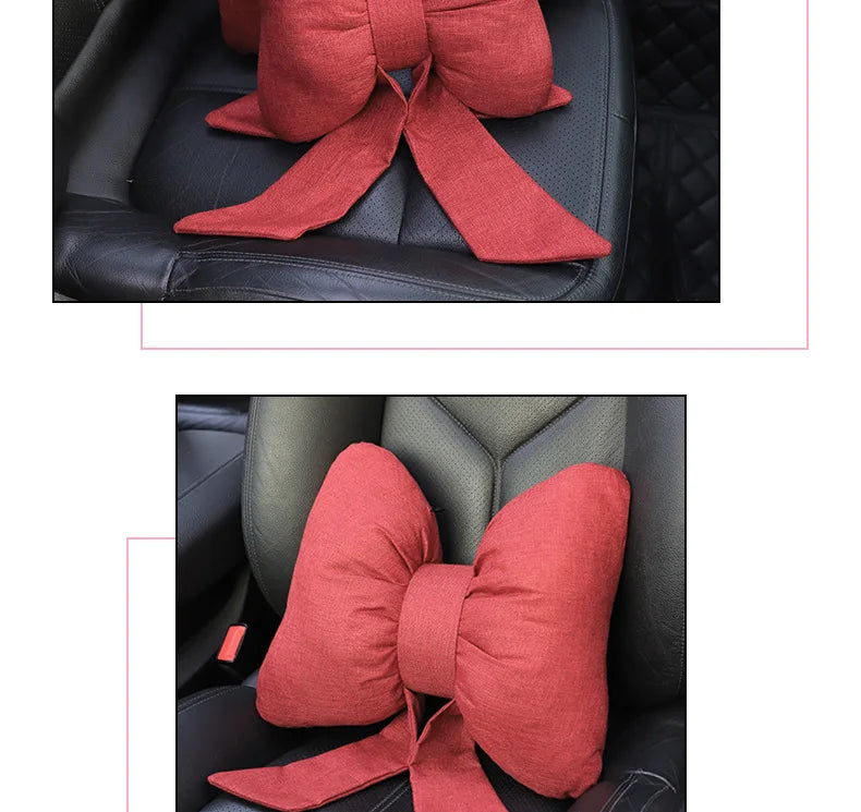 Fashion car headrest with bows cotton and linen pillow suitable for plaid's road trips and cute interior decorations