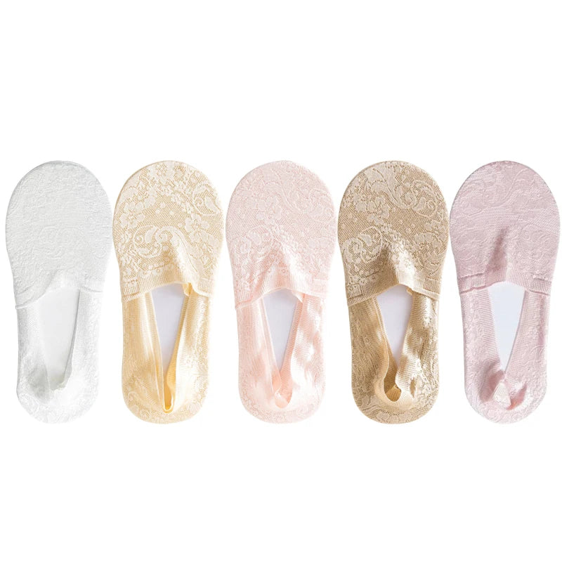 5 Pairs/Lot Socks Women's Fashion Lace Flower Summer Invisible Short No-Show Foot Ankle Set Antiskid White Boat Sock