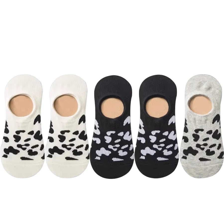 5 Pairs Women Invisible Boat Socks Spring Summer Leopard Print Fashion Wild Shallow Mouth Felmen Slipper Sock