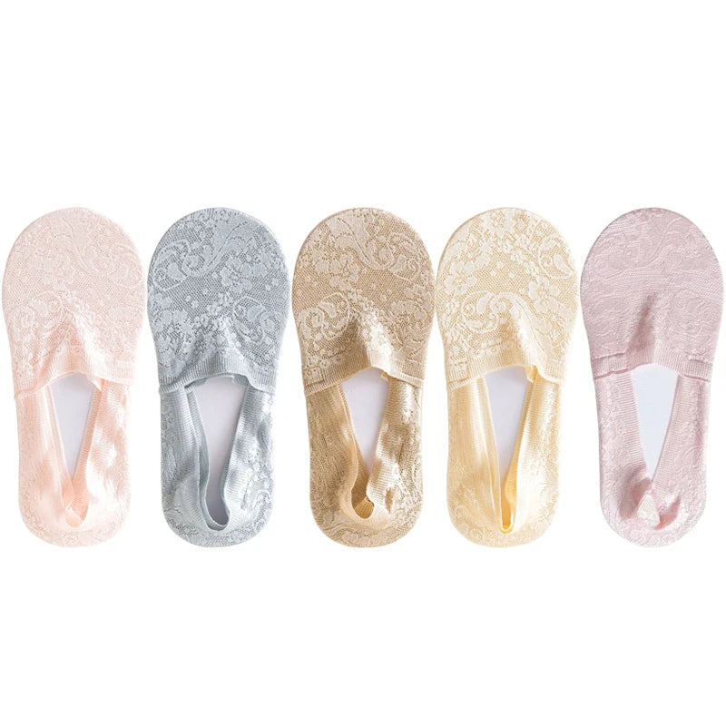 5 Pairs/Lot Socks Women's Fashion Lace Flower Summer Invisible Short No-Show Foot Ankle Set Antiskid White Boat Sock