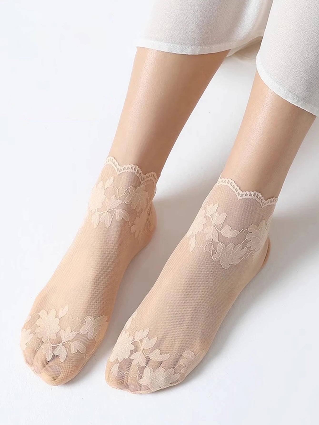 5 Pairs Summer Women Transparent Lace Bottom Short Socks Flower Soft Comfortable Sweat Absorbing Breathable Casual Ankle Socks