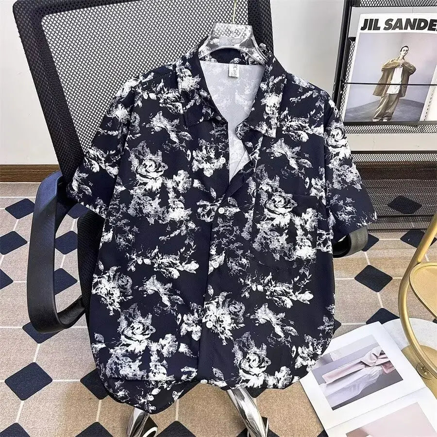 New Chinese ink painting full printed short sleeved shirt for men's summer casual wear with a sense of luxury, retro five quarte