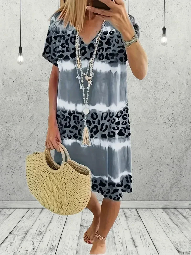 Women's Plus Size 1XL-8XL Fashion Casual Dress Short Sleeve Dress Tie Dye Leopard Short Sleeve V Neck Slight Stretch Dress