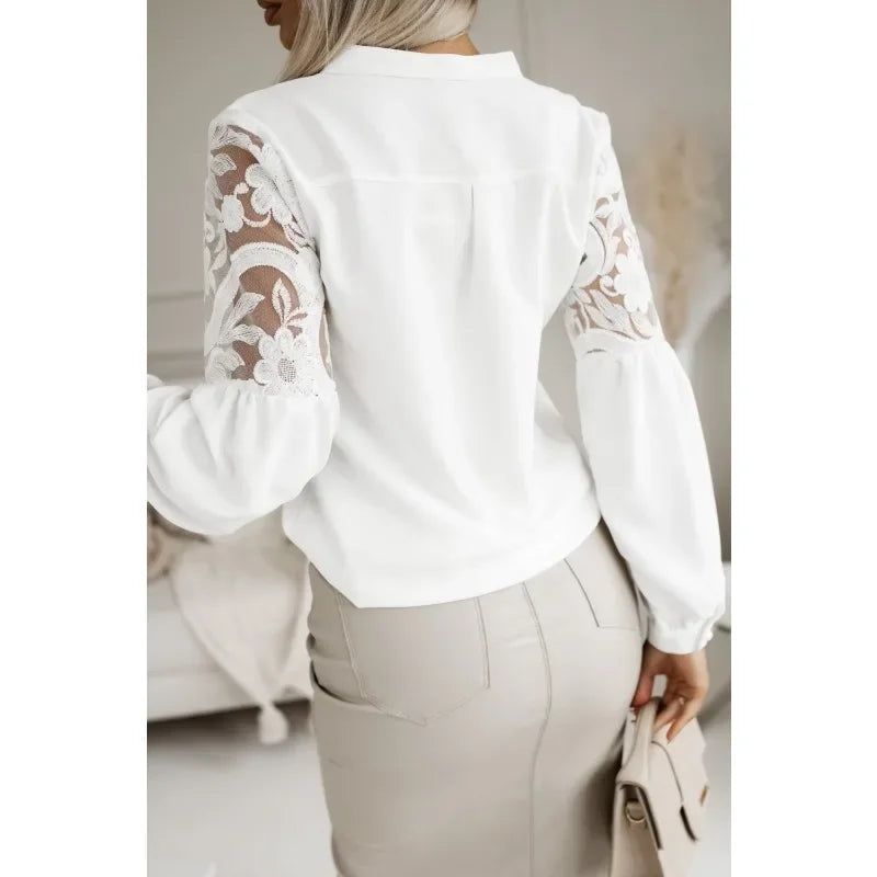 Women's Saving Solid Color Fashion Lace Splice Shirt Autumn Commuter Shirt Round Neck Button Long Sleeve Casual Holiday Shirt