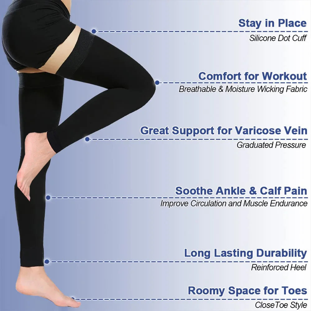 Thigh High Compression Stockings for Women Men, 23-32mmHg Footless Graduated Compression Socks with Silicone Band, Support Sock