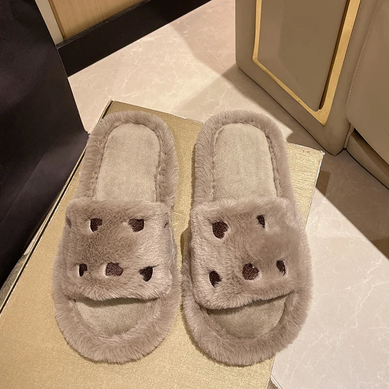 Fur Women Slippers Winter New Fashion Plush Shallow Mouth Indoor Outdoor Flip-flop Casual Bedroom Solid Color Slides Flat Shoes