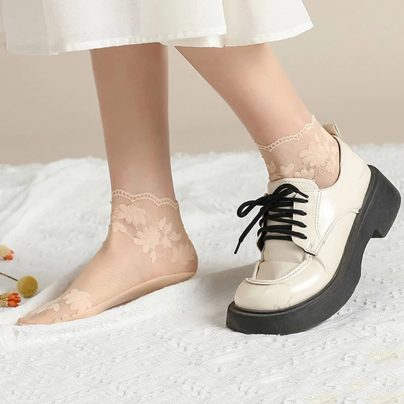 Socks women's Lace Transparent Lolita Invisible Summer Thin Non-slip Short Ankle Black Low Cut Boat Sock