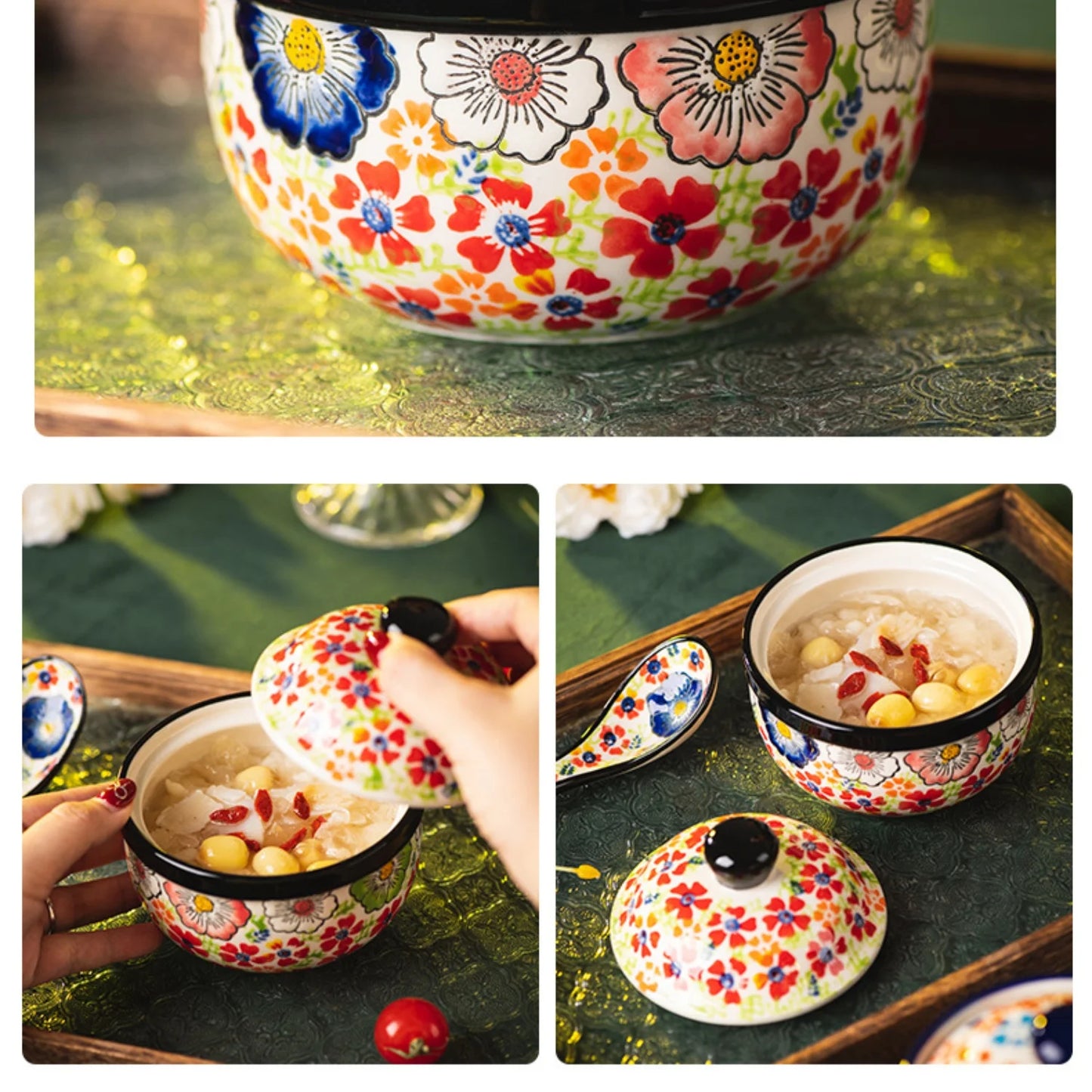 Hand-painted ceramic stew bowl, kitchen soup cup with lid, water-proof soup pot, steamed egg bowl, dessert bowl