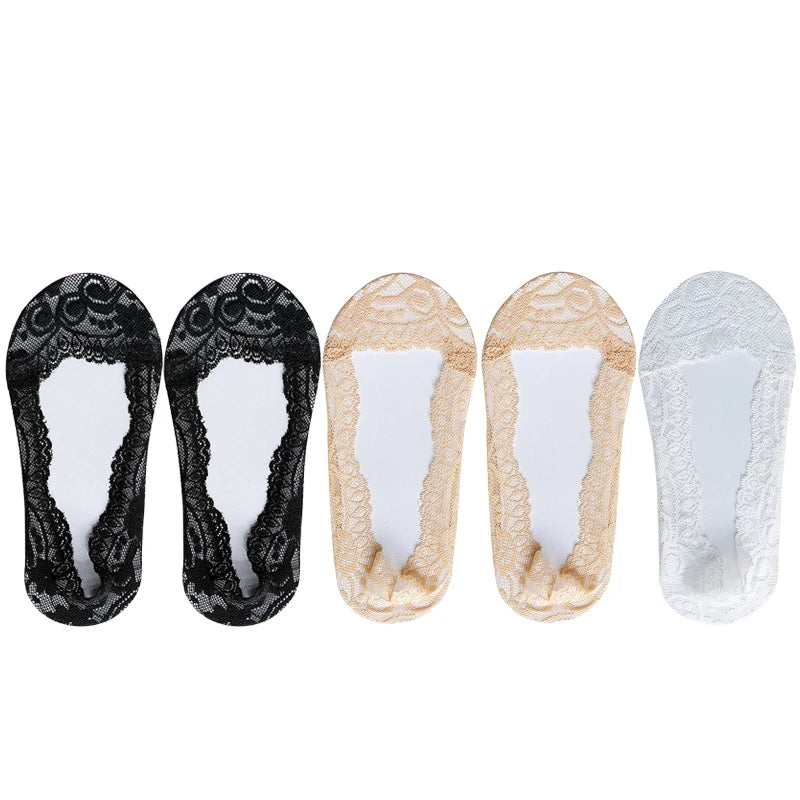 Socks For Women Summer Thin Fashion Lace Flower Invisible No Show Short Antiskid Ankle Socks Soft Boat Sock 5 Pairs
