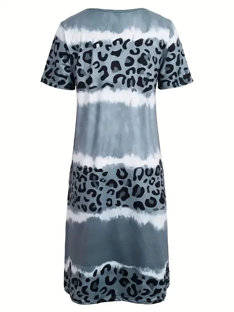 Women's Plus Size 1XL-8XL Fashion Casual Dress Short Sleeve Dress Tie Dye Leopard Short Sleeve V Neck Slight Stretch Dress