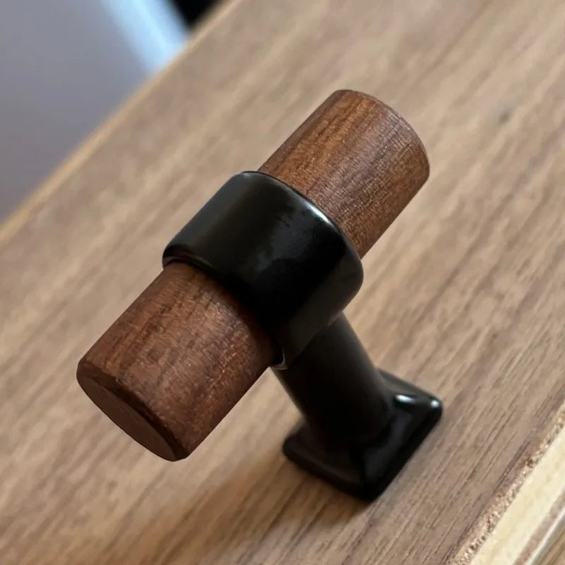 4pcs North American Black Walnut Color Furniture Handles Brass Door Pulls Solid Wooden Knobs T-Bar Kitchen Cabinet Wood Handle