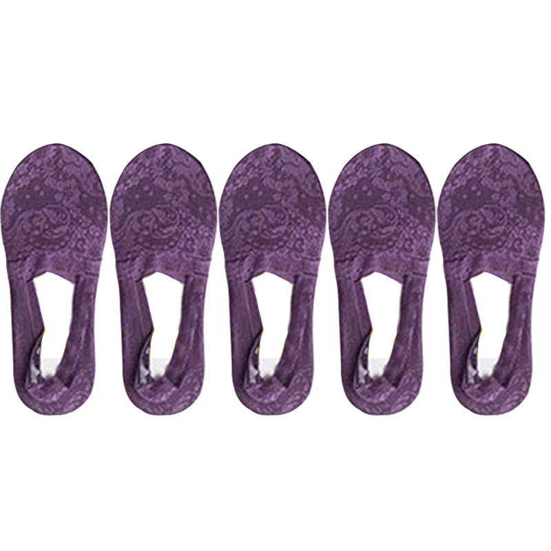 5 Pairs/Lot Socks Women's Fashion Lace Flower Summer Invisible Short No-Show Foot Ankle Set Antiskid White Boat Sock