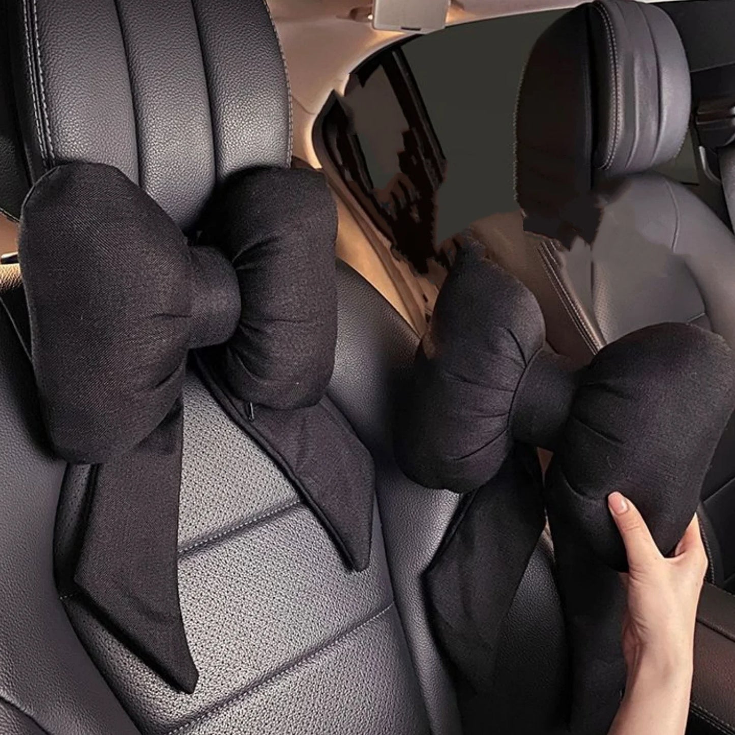 Car Seat Neck Pillow Elegant Bow Car Headrest Pillow Set - Cotton Linen Neck Cushion Universal Fit for Women Comes with 2 Seat B