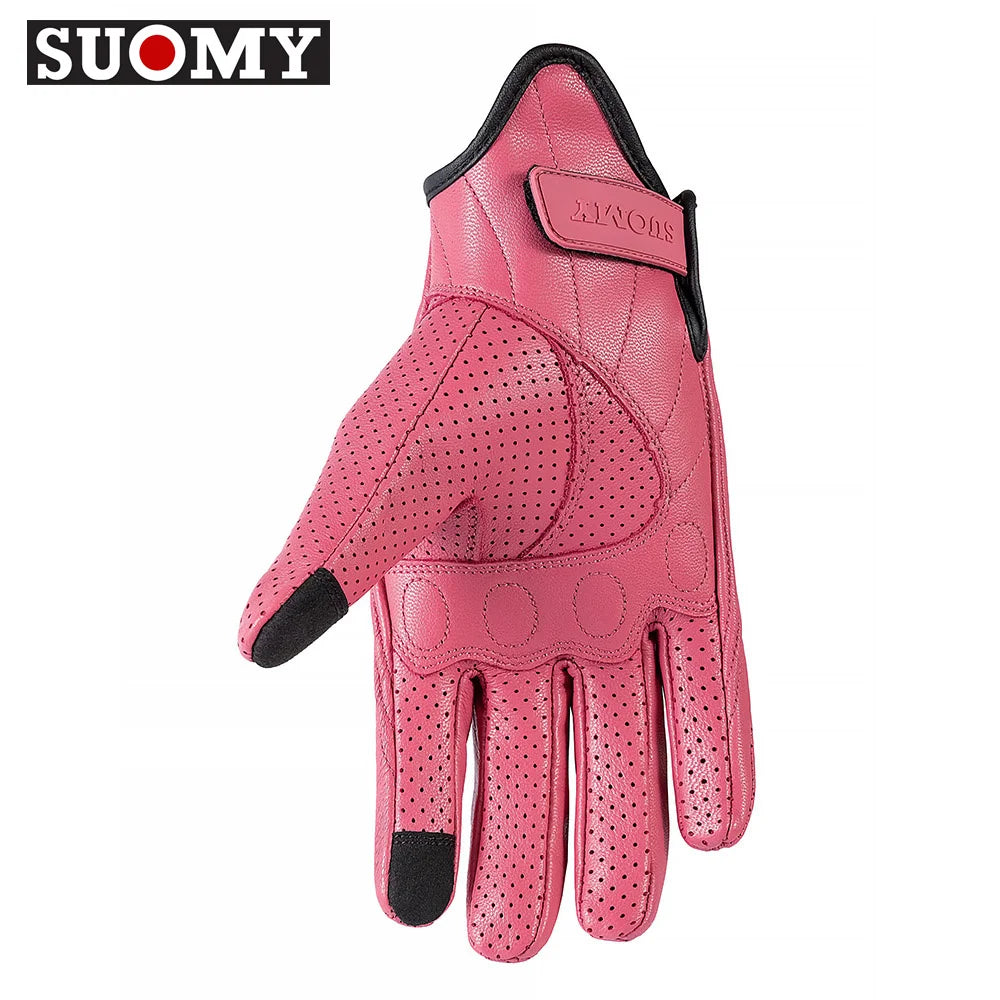 SUOMY Lady Pink Leather Motorcycle Gloves Genuine Leather Perforated Women Motorbike Riding Gloves Touch Screen Moto Guantes