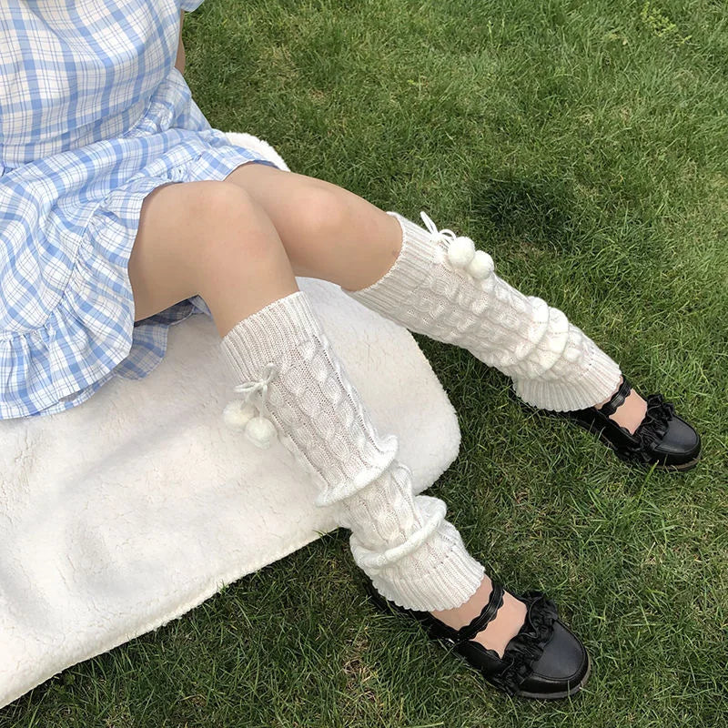 Japanese Style Winter Warm Socks Lolita Warm Leg Knitted Socks Wool Ball Knitted Foot Covers Leg Warmers With Balls For Women