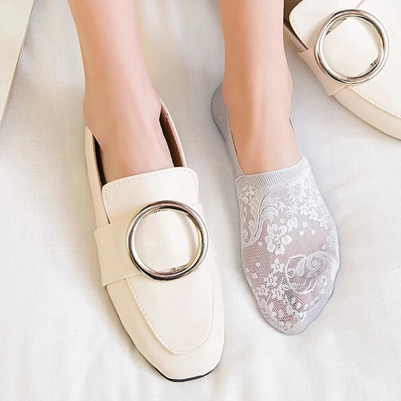 5 Pairs/Lot Socks Women's Fashion Lace Flower Summer Invisible Short No-Show Foot Ankle Set Antiskid White Boat Sock