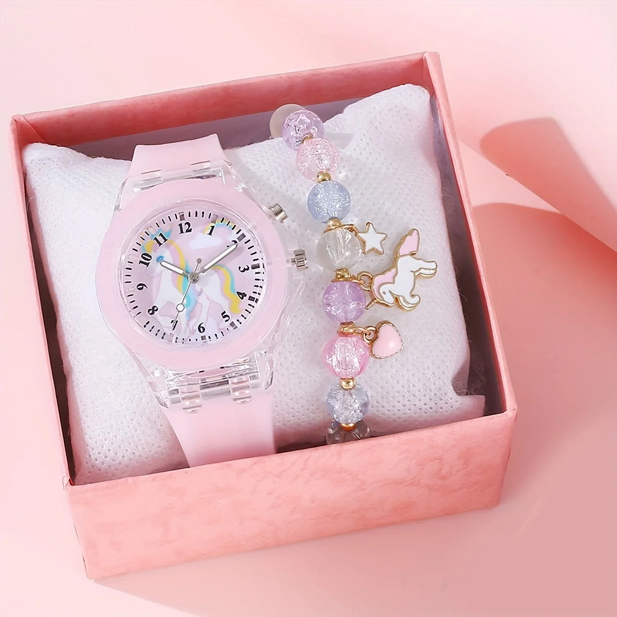 1/2pcs/set, 1pc Girls Light LED Luminous Cartoon Unicorn Quartz Wristwatch & 1pc Beaded Bracelet, Ideal choice for Gifts