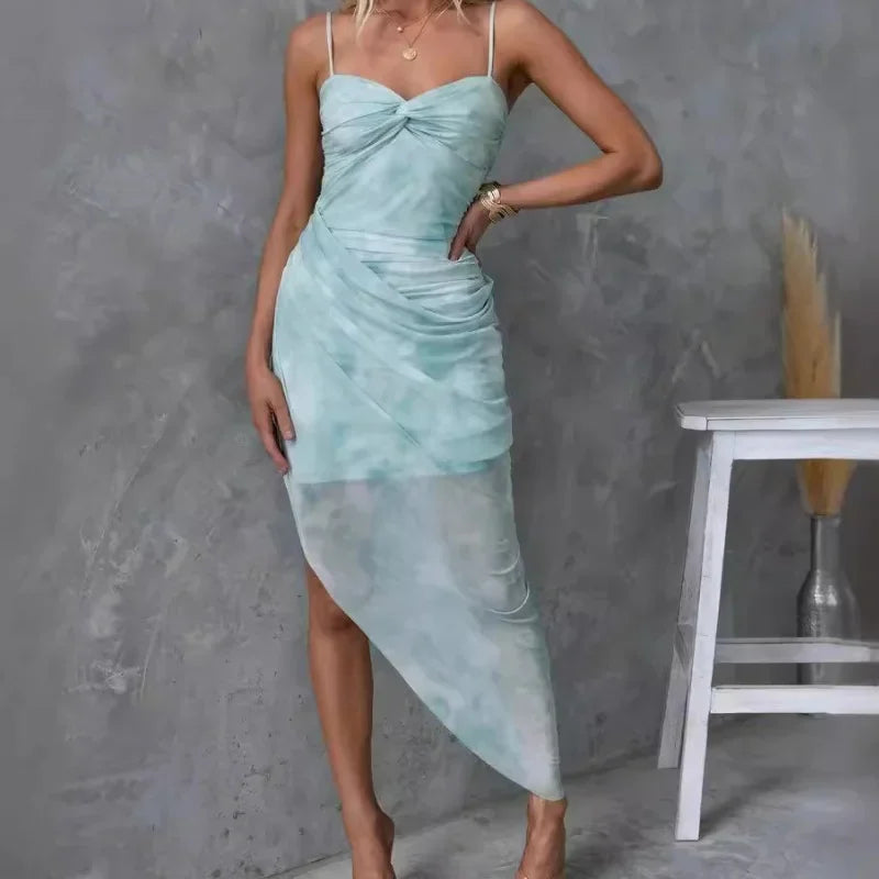 Hot Selling Spring and Summer New Fashionable Comfortable Suspender Printed Slit Dress INS Casual Vacation Loose Dress