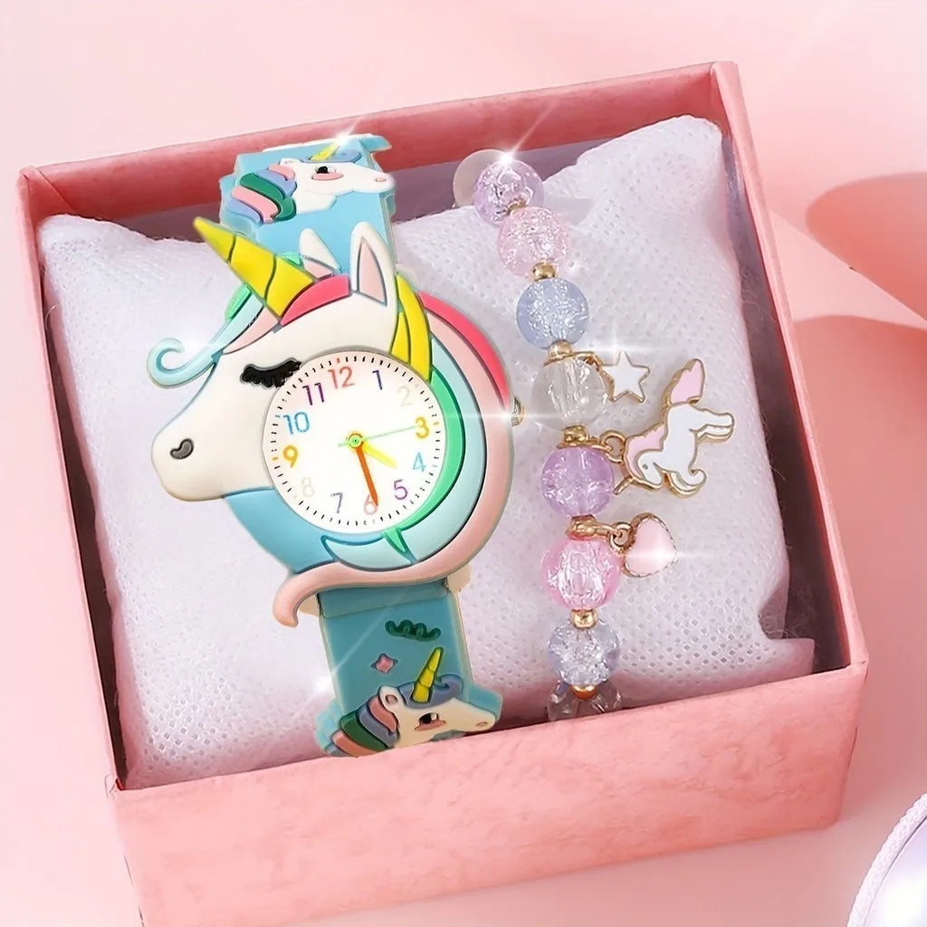 【Watch+Bracelet】Kegllect New Children's Cartoon Pattern Unicorn Silicone Bead Bracelet Set Student