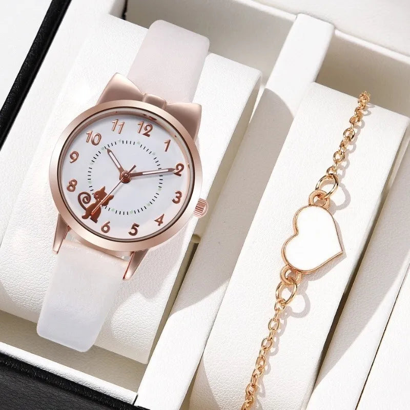 Fashion Women's Quartz Watch PU Leather Strap Student Cute Cartoon Girl WatchesJewlery Set NO BOX