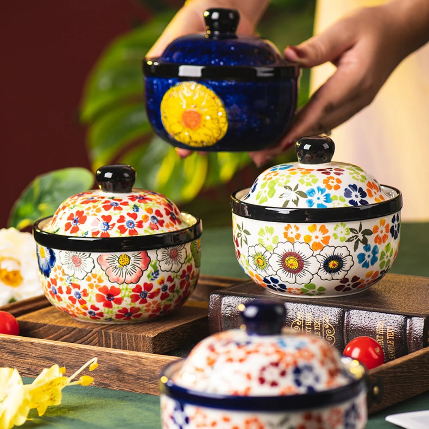 Hand-painted ceramic stew bowl, kitchen soup cup with lid, water-proof soup pot, steamed egg bowl, dessert bowl