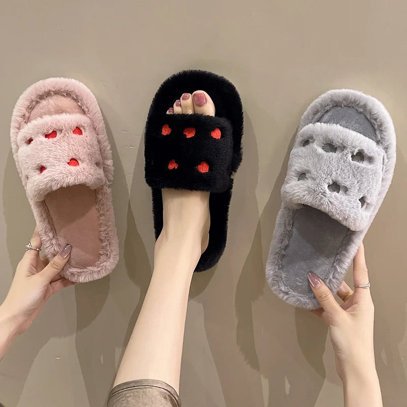 Fur Women Slippers Winter New Fashion Plush Shallow Mouth Indoor Outdoor Flip-flop Casual Bedroom Solid Color Slides Flat Shoes